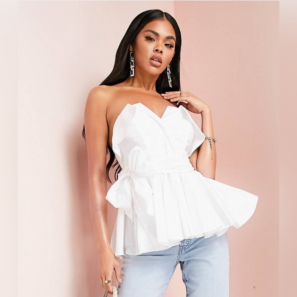 ASOS LUXE cotton bandeau top with pep hem & tie waist in white; Size: 6